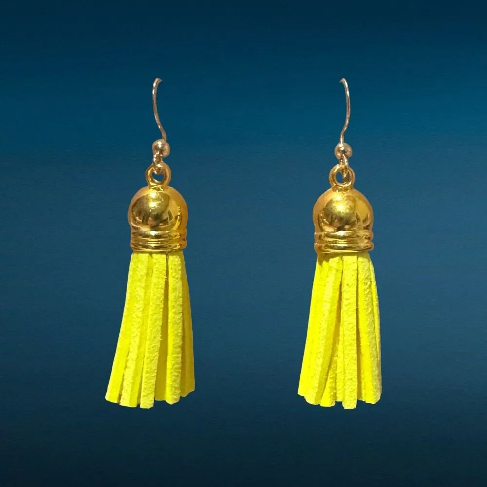 Lemon Yellow Suede Earrings, 10kt Gold Hypoallergenic Dangle Item #2264